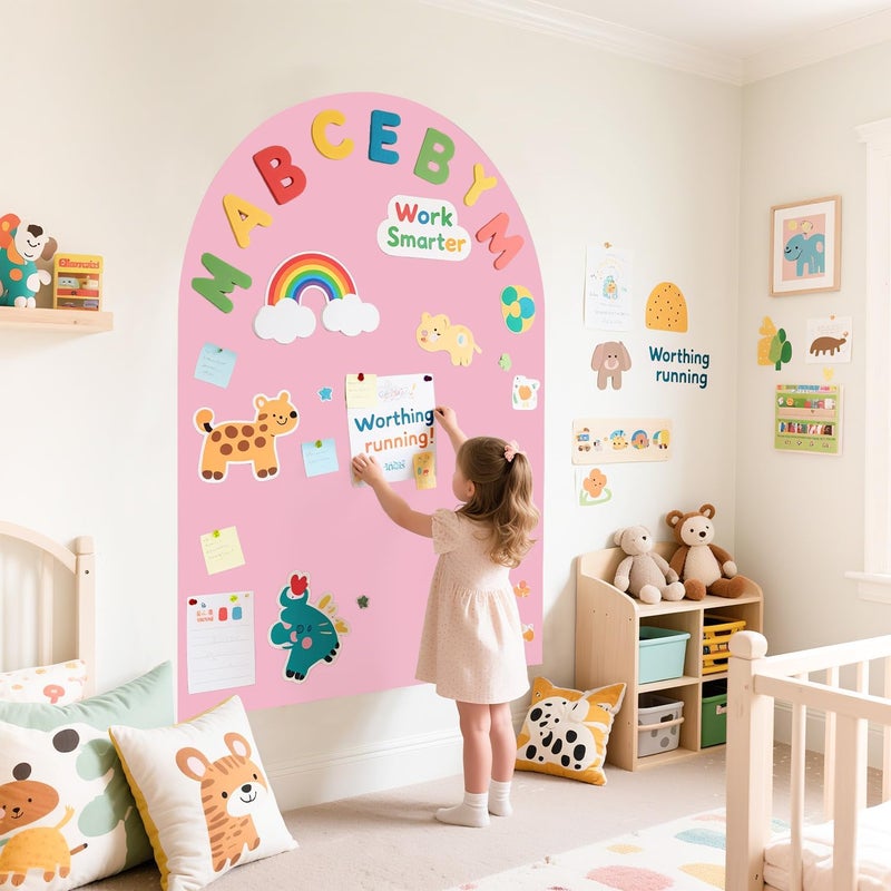 WUPIOS Magnetic Wall Decal for Kids 40x32 Inch Self Adhesive Magnet Arch Chalkboard for Wall Pink Chalkboard Contact Paper Peel and Stick with Letters and 12 Color Liquid Chalk for School Playroom - Image 3